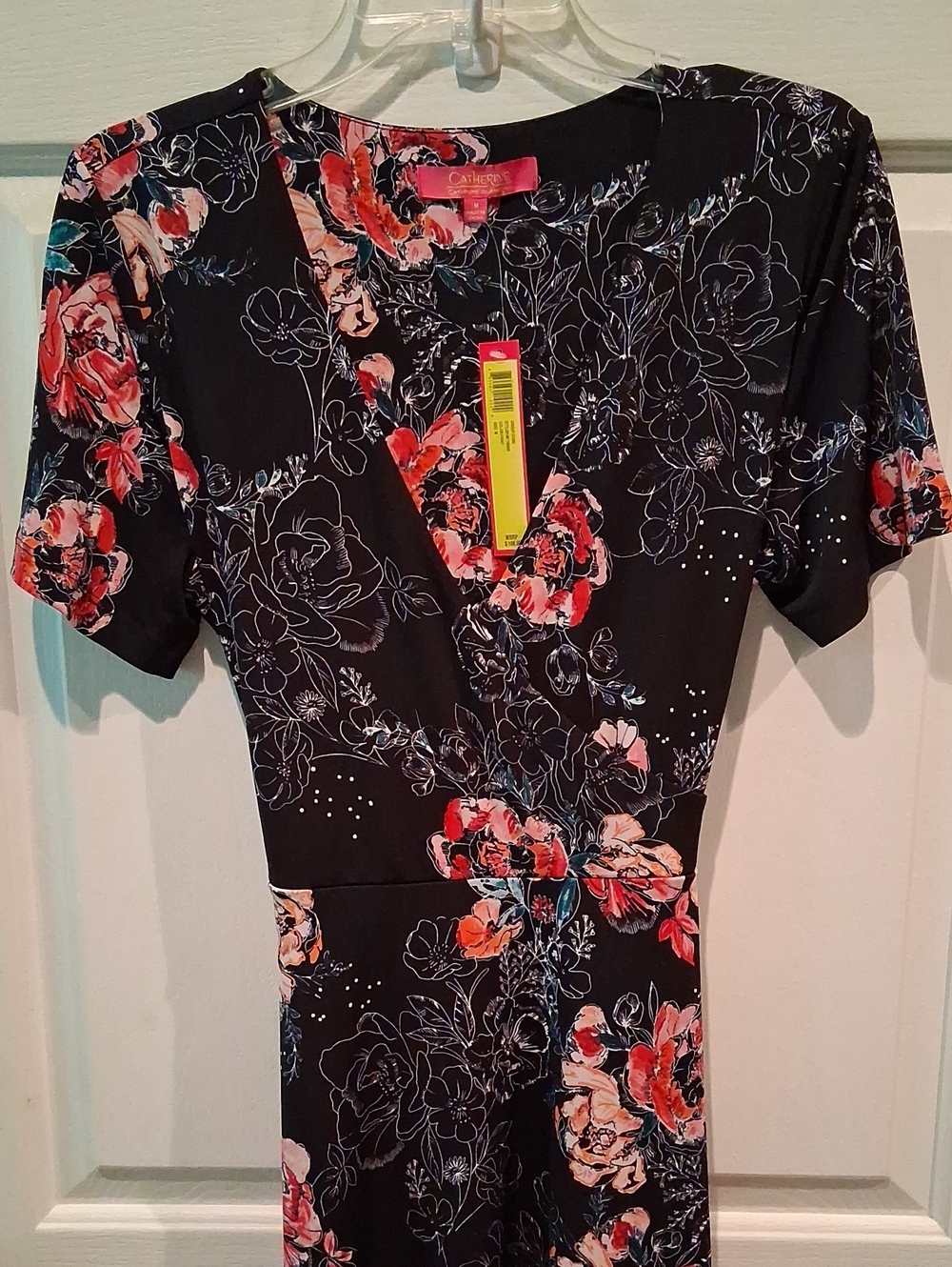 🌟👗Catherine Malandrino Black Midi Dress with Pink & Coral Floral Print